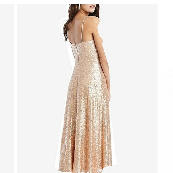 Dessy Collection Spaghetti Strap Flared Skirt Sequin Midi Dress Rose Gold NWOT - Picture 16 of 16